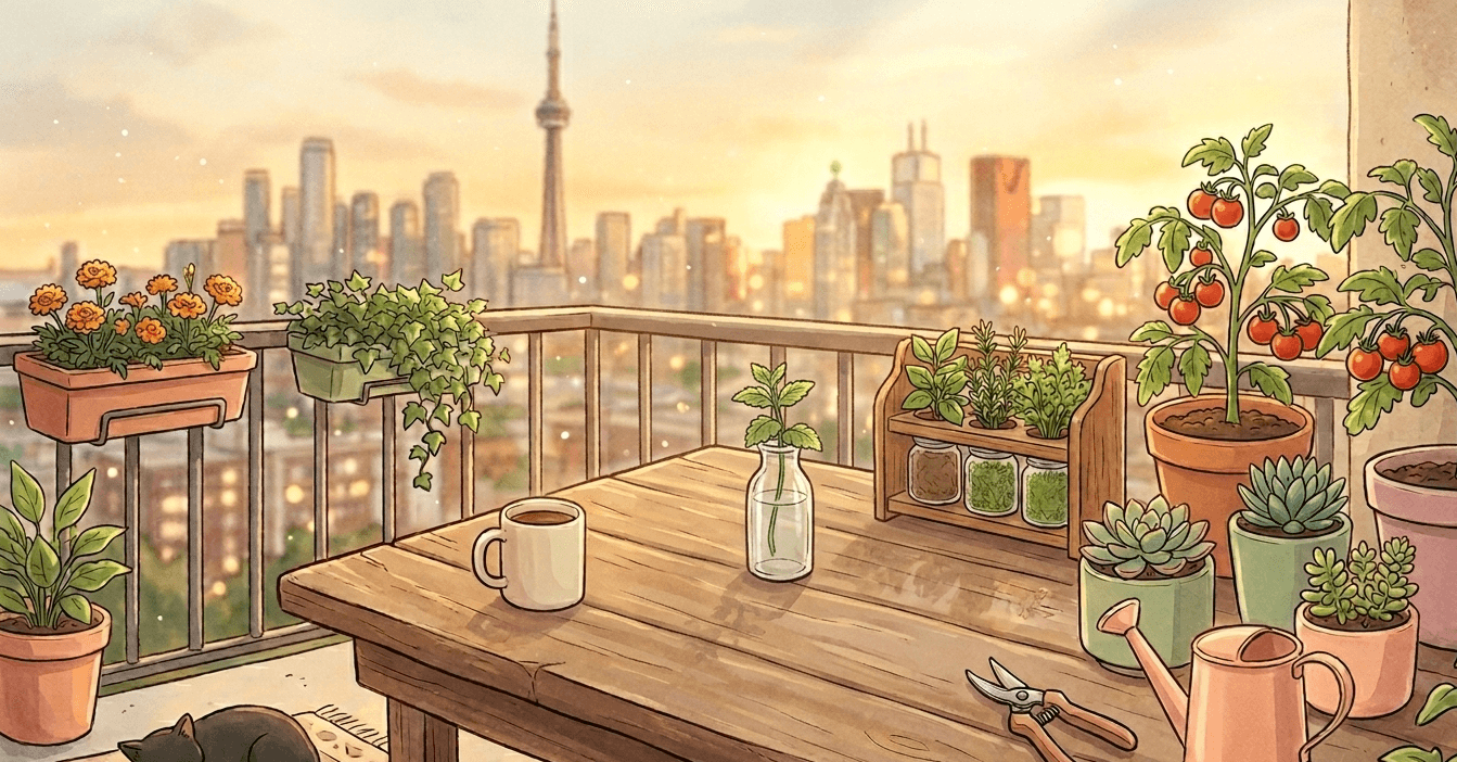 Lush balcony garden on a Canadian high-rise with fabric grow bags, dwarf tomatoes, and city skyline in the background