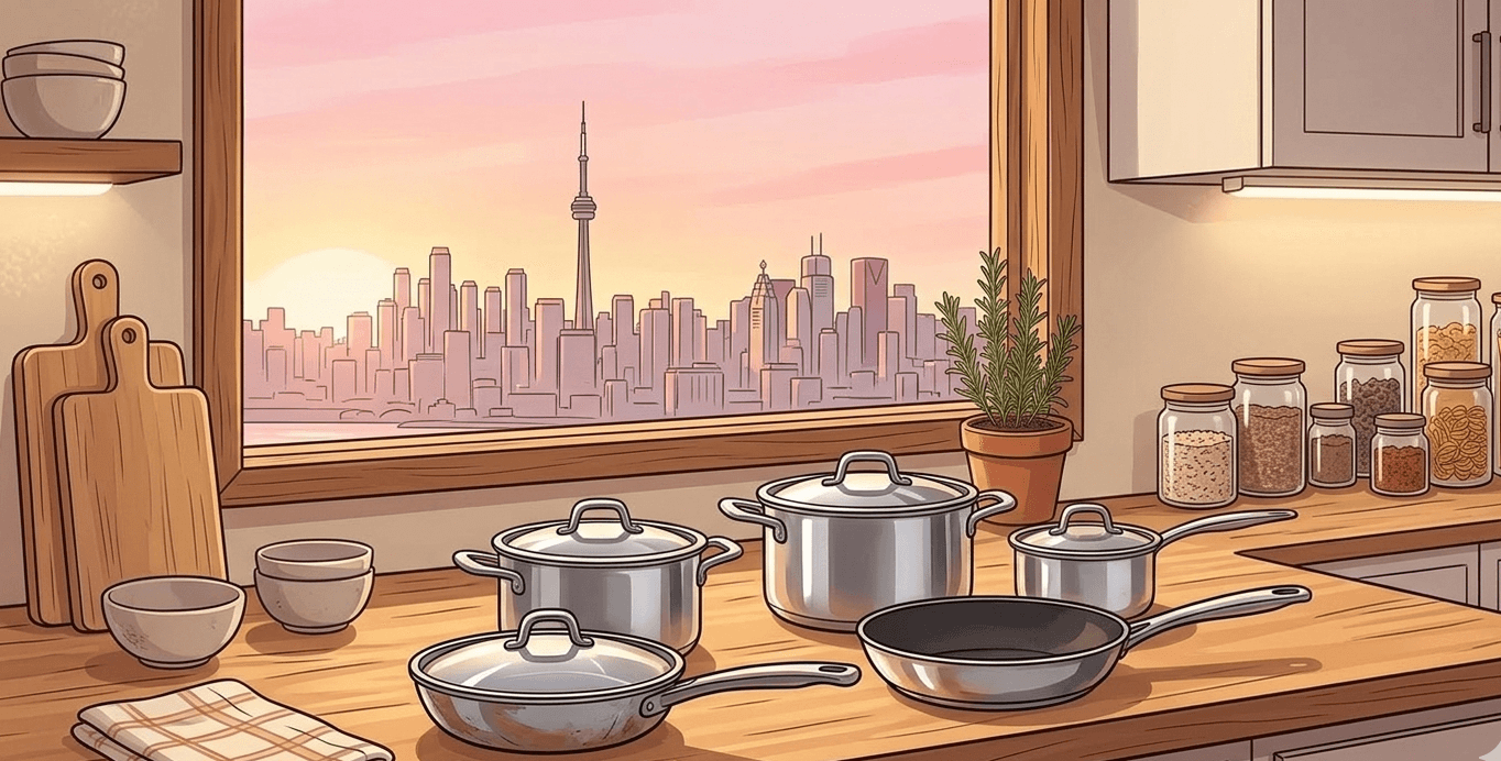 A clean, modern kitchen featuring stainless steel cookware, wooden cutting boards, and glass storage jars on a well-lit countertop