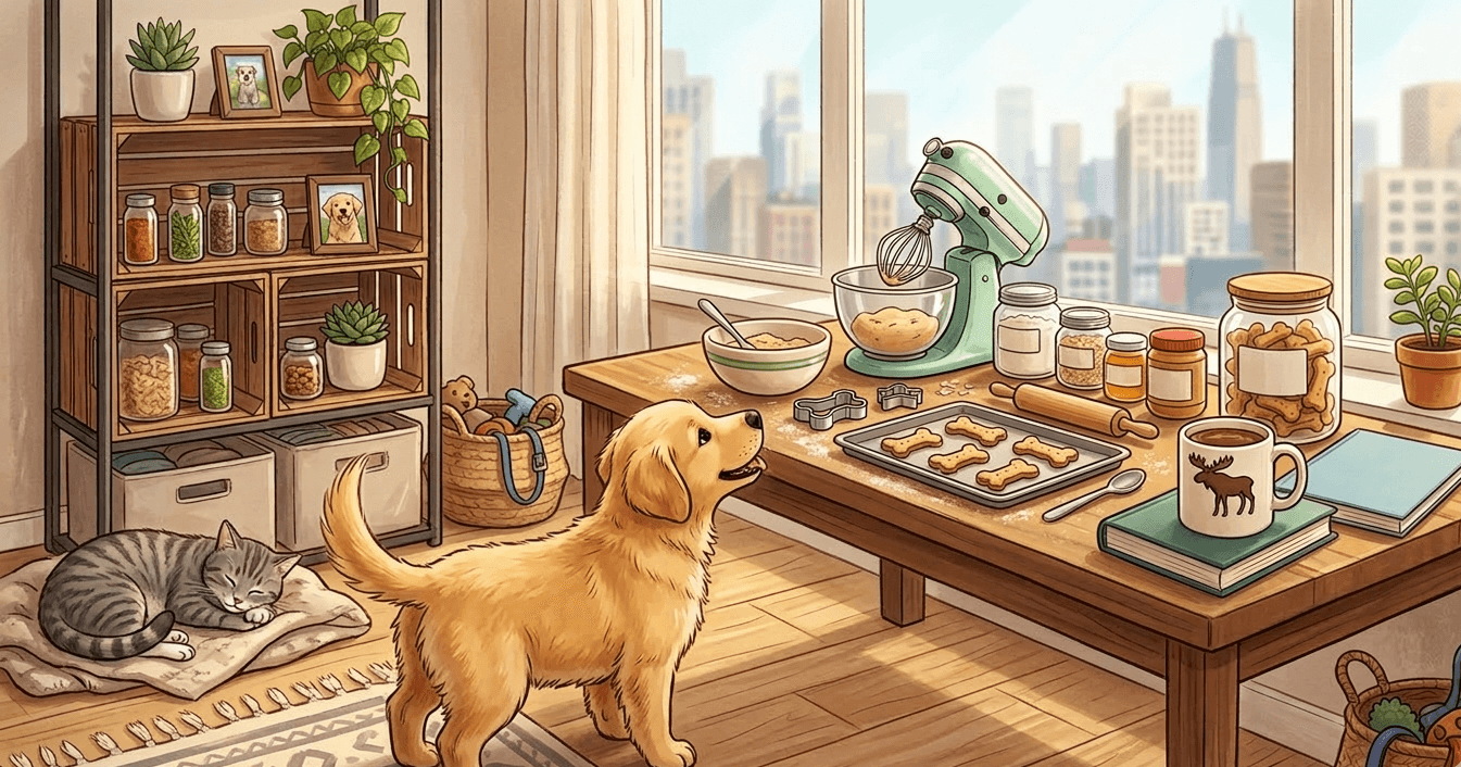 Homemade dog treats arranged on a warm wooden cutting board in a cozy cottage kitchen with dried herbs and a dehydrator in the background