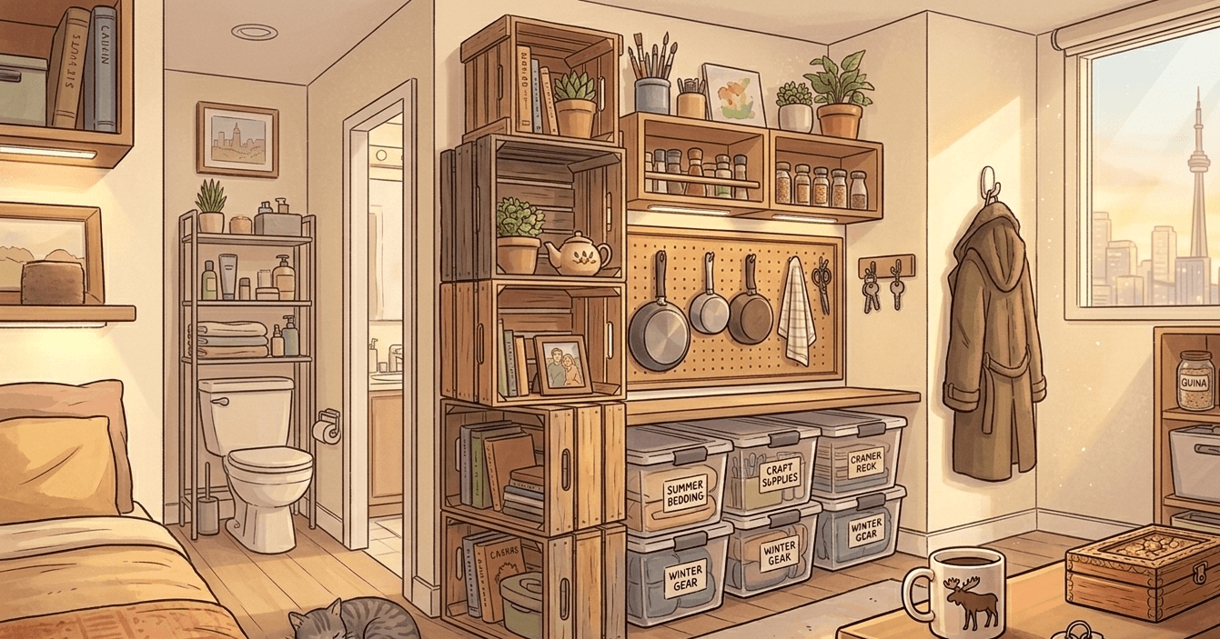 Wall-mounted shelves and vertical storage solutions maximizing space in a small apartment