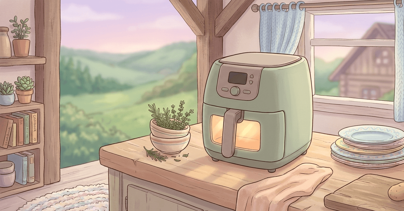 A sage-green air fryer on a warm wooden countertop in a cozy cottage kitchen with rolling green hills visible through the window