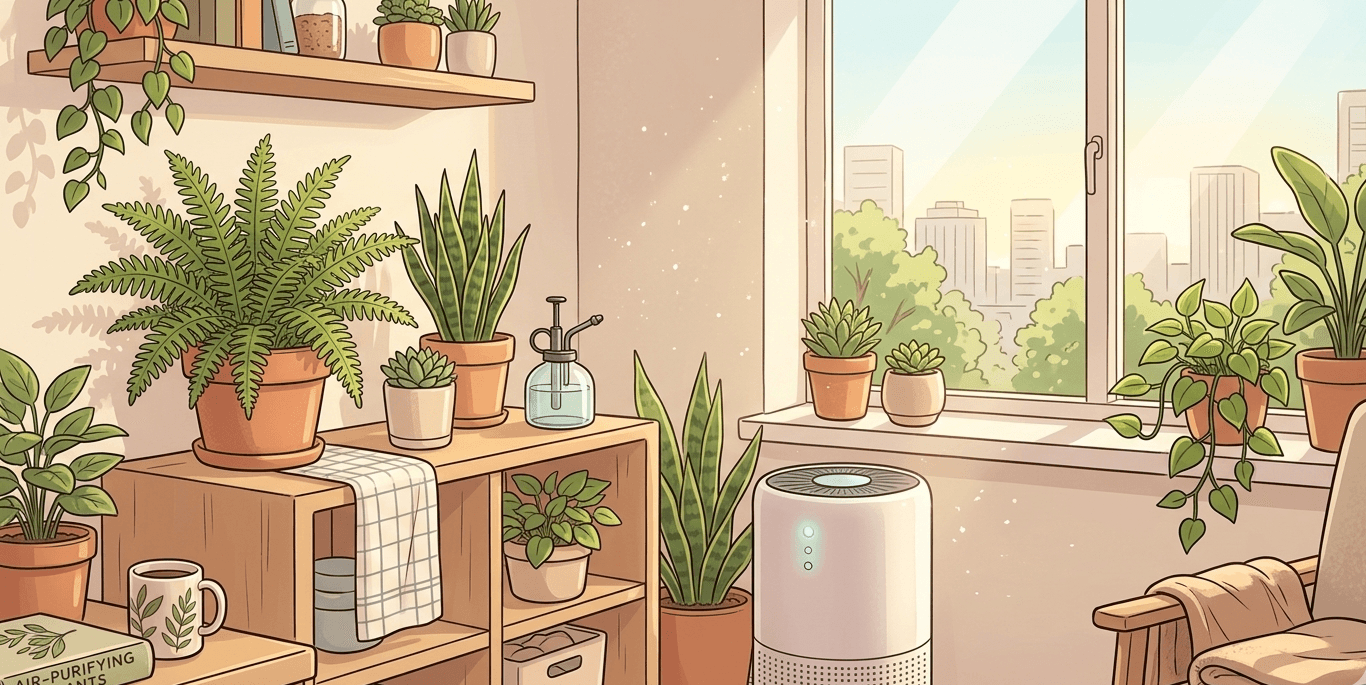 A collection of air purifiers arranged in a bright, modern Canadian living room with plants and natural light, emphasizing clean indoor air