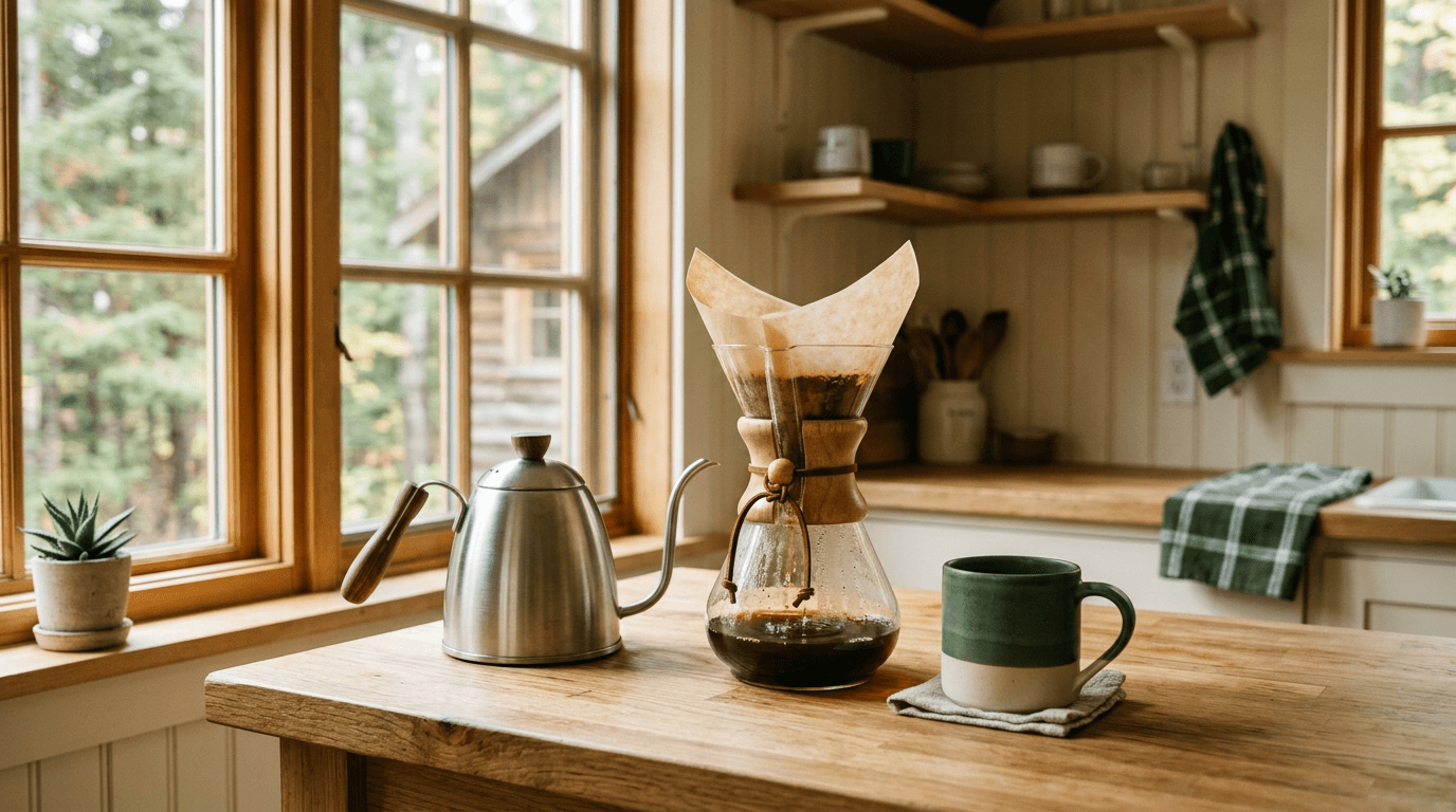 Glass Chemex pour-over and stainless steel coffee gear on a warm wood counter in a Canadian kitchen
