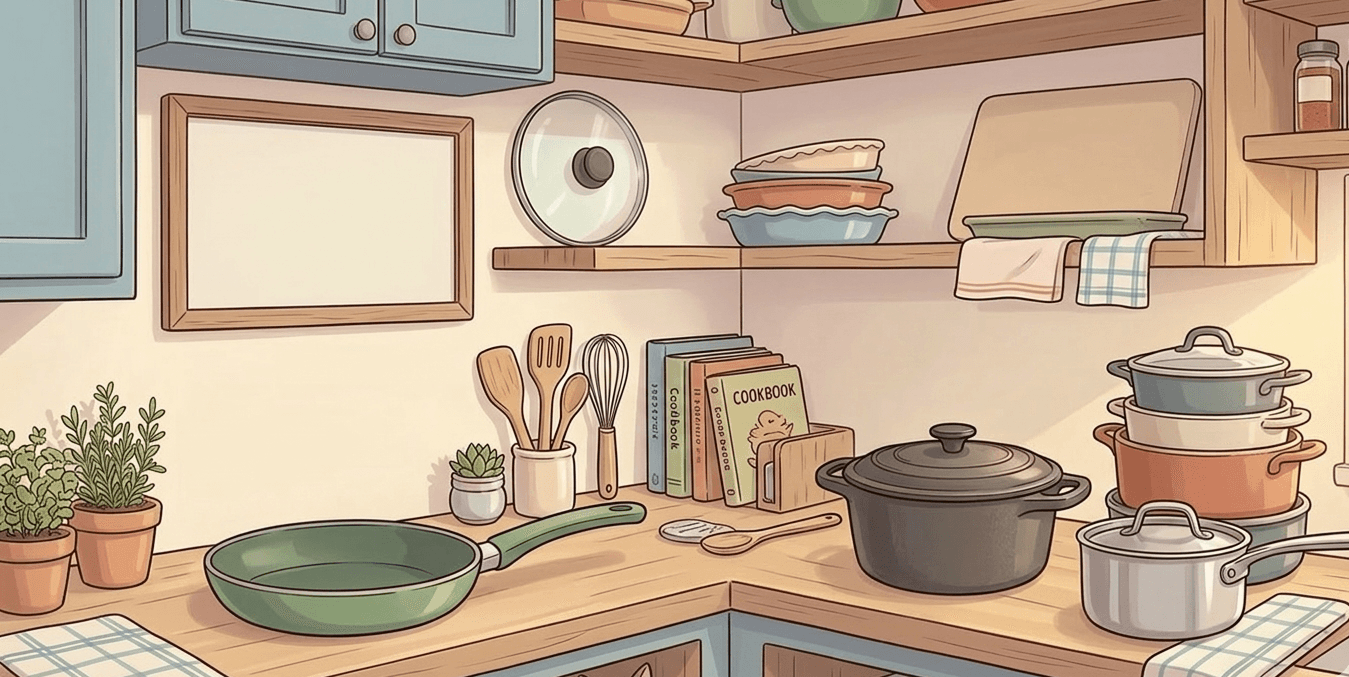 A collection of PFAS-free cookware including ceramic, cast iron, and stainless steel pieces arranged on a warm wooden countertop in a cozy Canadian kitchen