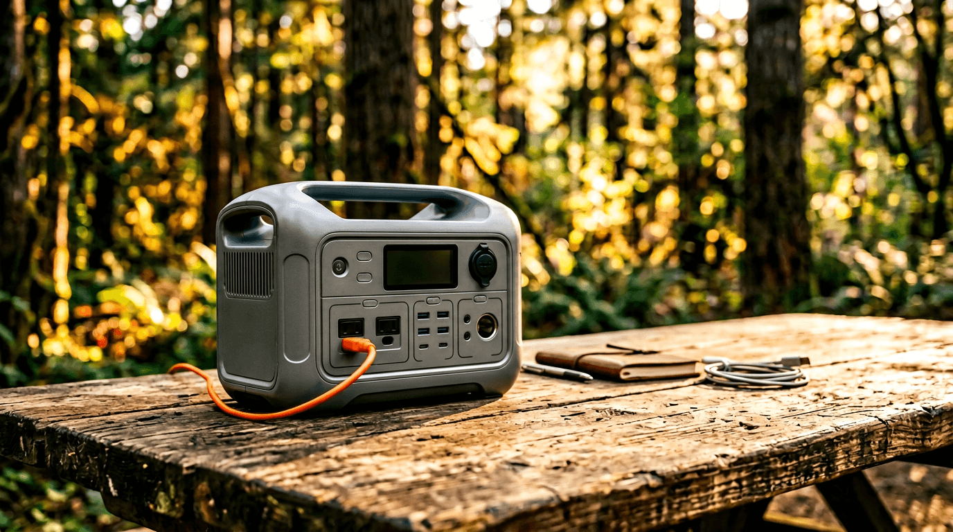 Portable power station on a wooden camp table in a forest setting
