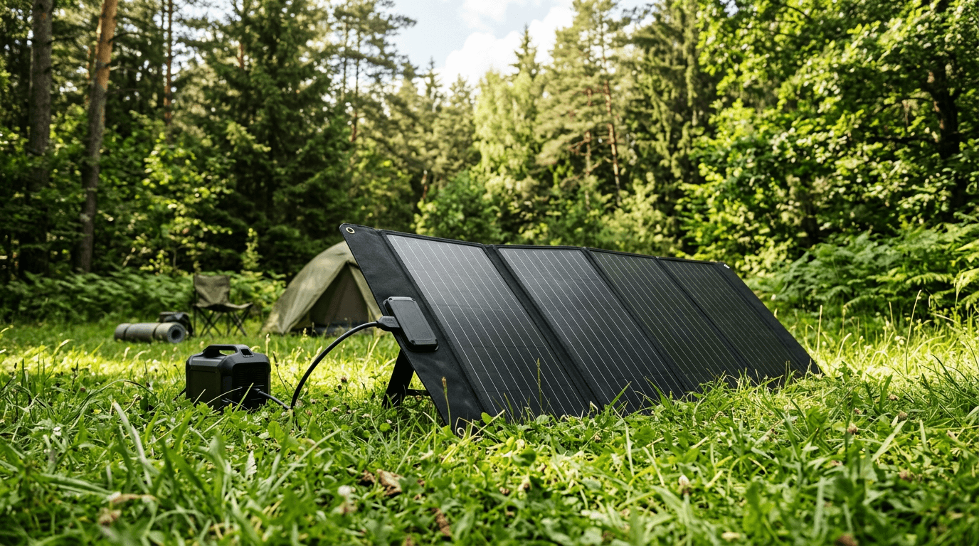 Foldable solar panels set up on grass at a wooded campsite