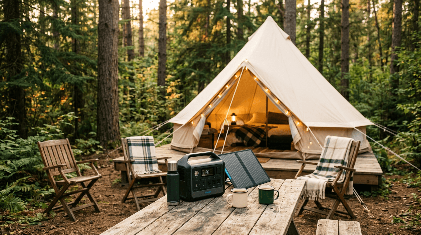 Portable power station and foldable solar panel on a camp table beside a lit canvas tent at dusk