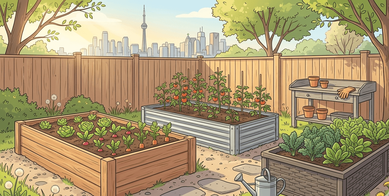 A collection of raised garden beds including cedar, metal, and resin options arranged in a sunny Canadian backyard with spring vegetables growing