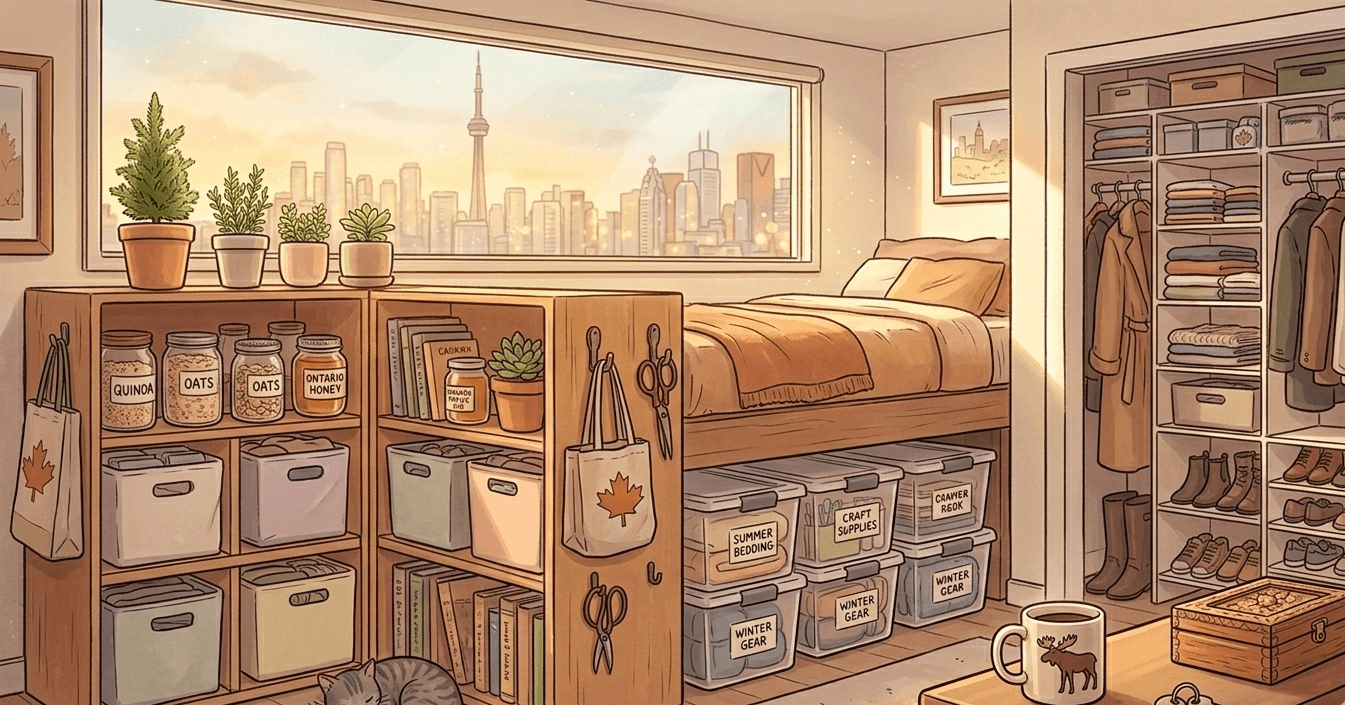 Organized small apartment storage with vertical shelves, under-bed bins, and closet organizers in a warm condo