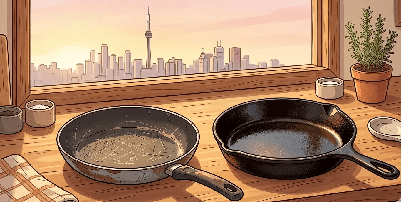 A worn non-stick pan with visible scratches alongside a gleaming cast iron skillet on a warm wooden countertop, illustrating the transition from Teflon to safe cookware