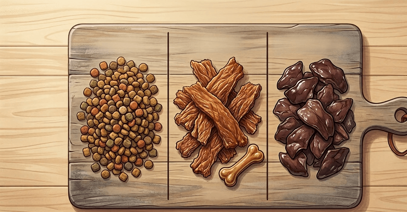 Three tiers of dog treats: low-value (kibble, carrots), medium-value (jerky, green beans), and high-value jackpot treats (liver, chicken) on a warm wooden surface